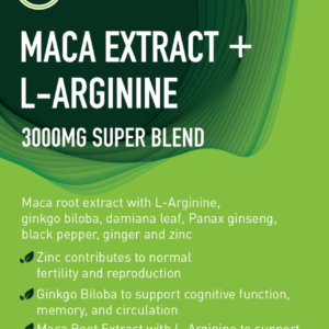 MACA EXTRACT + L-ARGININE contains 3000mg of maca root, a potent herb traditionally used to enhance fertility, boost sex drive, and improve energy and stamina.
