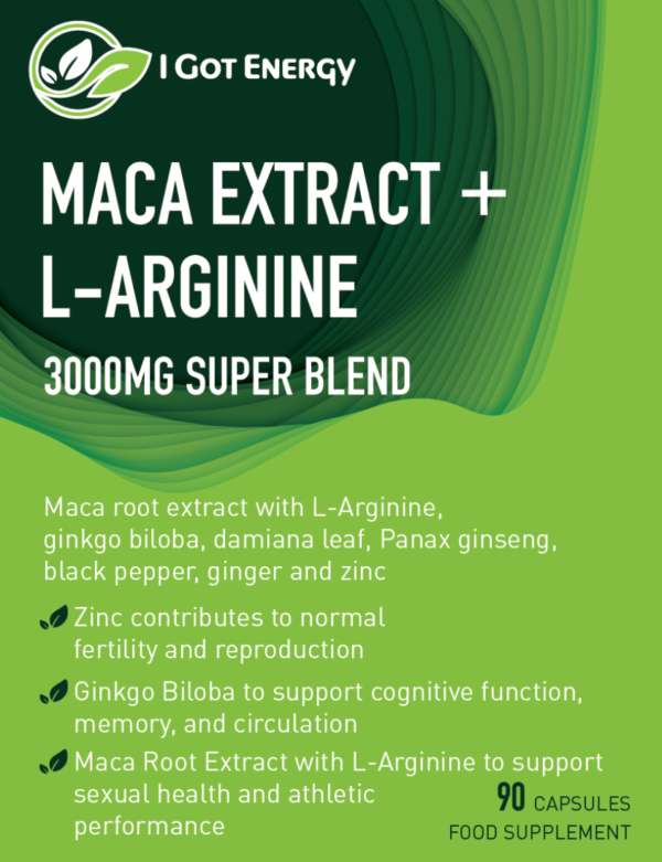 MACA EXTRACT + L-ARGININE contains 3000mg of maca root, a potent herb traditionally used to enhance fertility, boost sex drive, and improve energy and stamina.